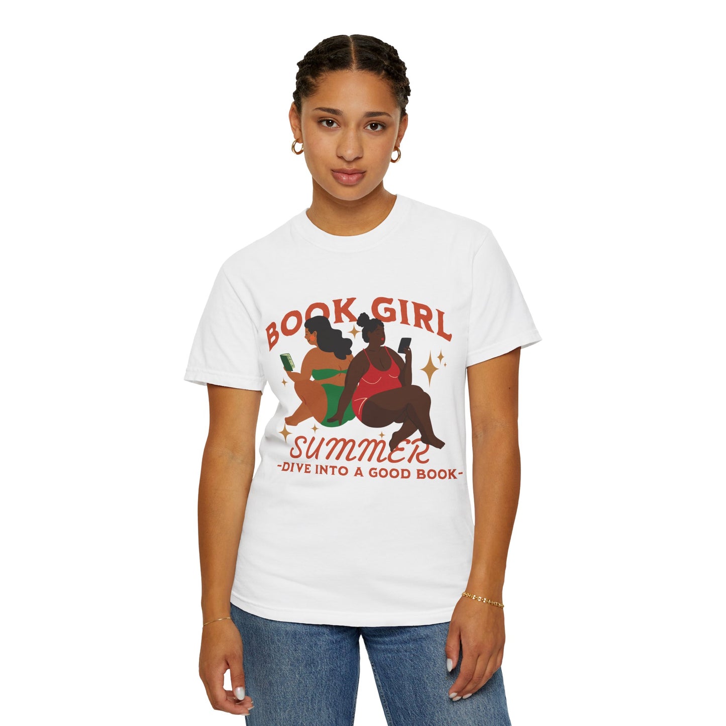 Book Girl Summer Tee: Green and Red– “Dive into a Good Book”