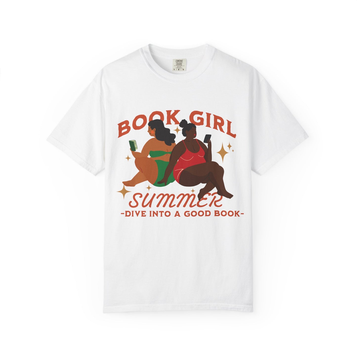 Book Girl Summer Tee: Green and Red– “Dive into a Good Book”
