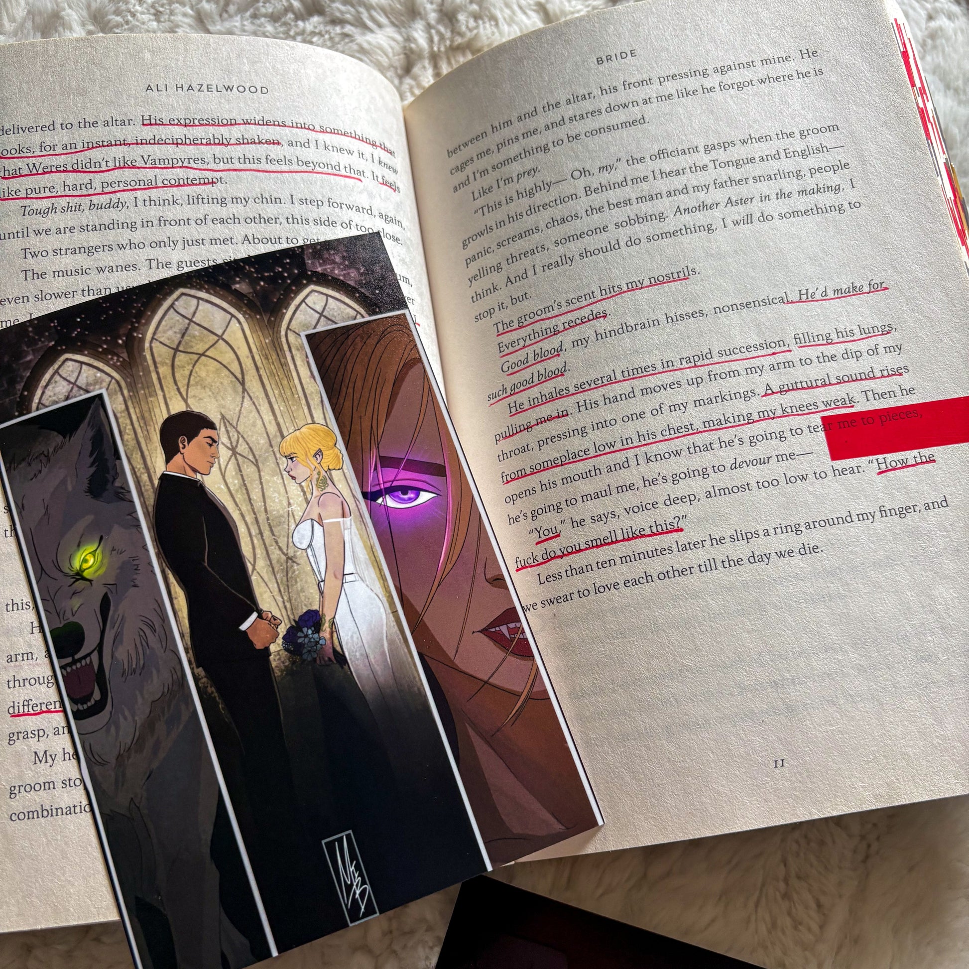 Open book with illustrations and text, featuring a character with purple eyes and a ghostly figure.