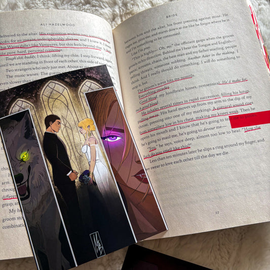 Open book with illustrations and text, featuring a character with purple eyes and a ghostly figure.